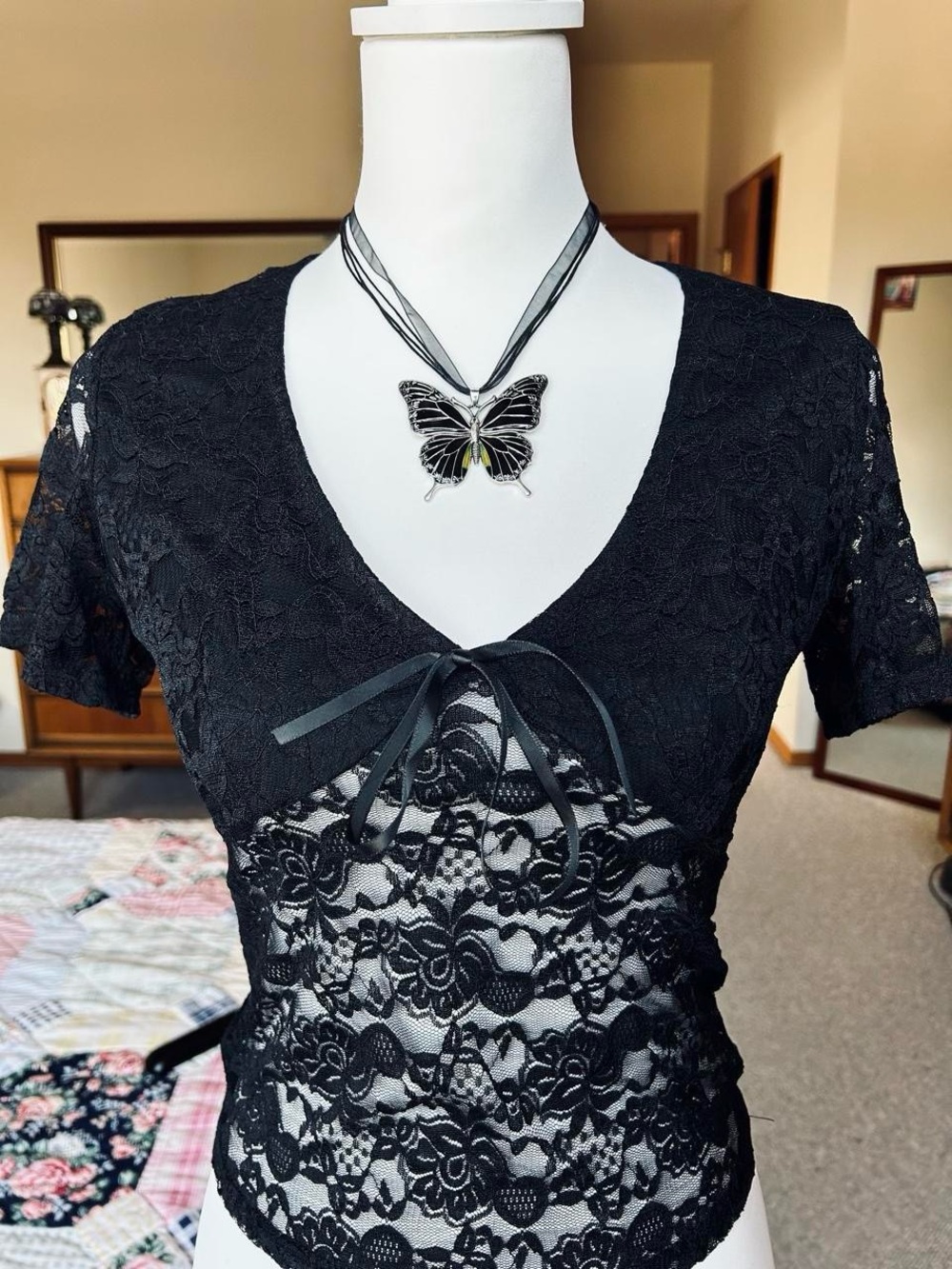 Gothic pendant butterfly necklace on matching black ribbon chain